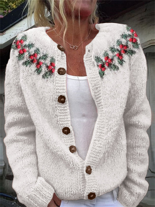 Christmas Ardisia Crenata Yoke Jacquard Cozy Knit Cardigan artswardrobe