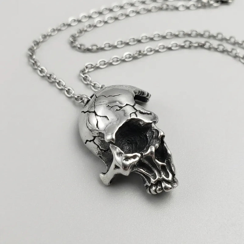 Cracked Moon Skull Pendant Necklace