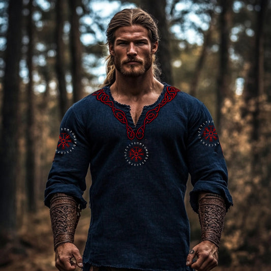 Men's Vintage Viking Symbol Linen V-neck Shirt artswardrobe