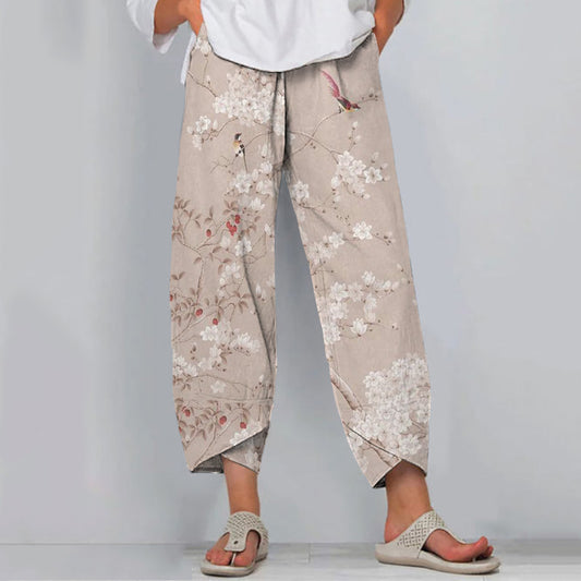 Comstylish Retro Floral And Bird Print Loose Casual Pants
