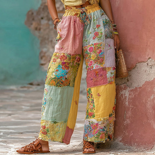Women's Bohemian Floral Embroidery Patchwork Art Linen Blend Pants artswardrobe