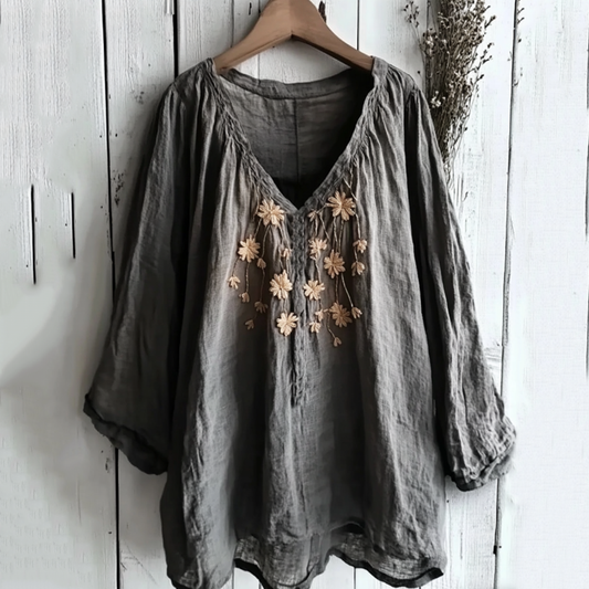 Vintage Floral Embroidered V Neck Comfy Shirt artswardrobe