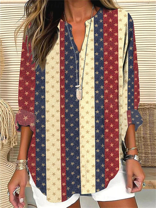 Comstylish Vintage Independence Day Flag Element Women's Long Sleeve Shirt