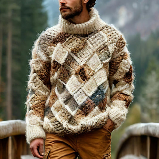 Men's Vingate Chunky Geometric Knitting Jacquard Turtleneck Sweater artswardrobe