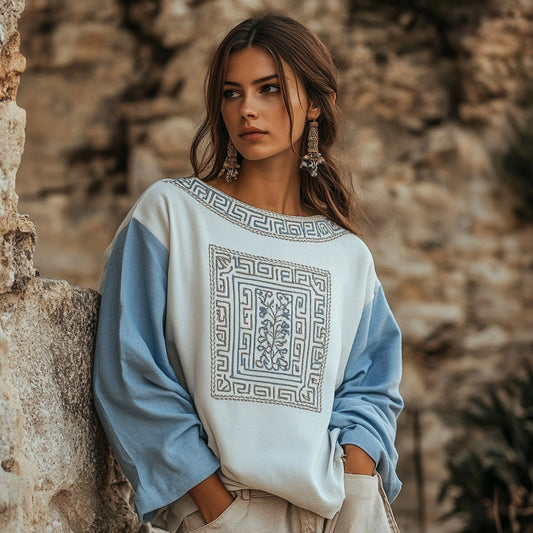 Vintage Greek Key Motif Patchwork Cotton Linen Contrast Shirt artswardrobe