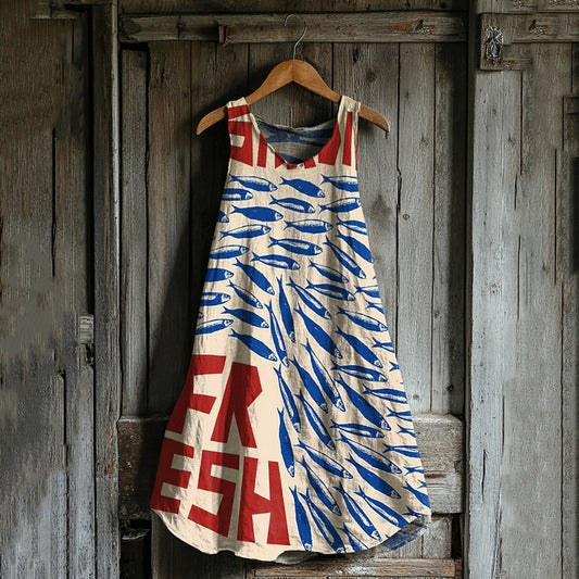 Japanese Sardines Art Linen Tank Dress artswardrobe