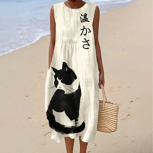 Women's Vintage Cat Art Print Linen Dress elevenforest