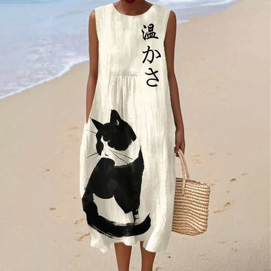 Women's Vintage Cat Art Print Linen Dress artswardrobe