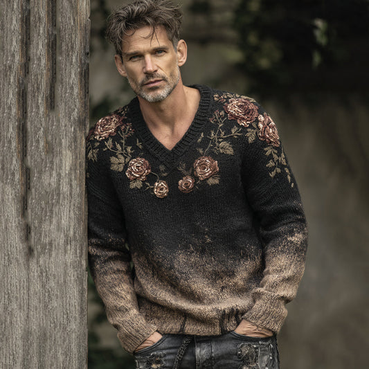 Men's Retro Floral Art Jacquard Thick Warm V Neck Sweater elevenforest
