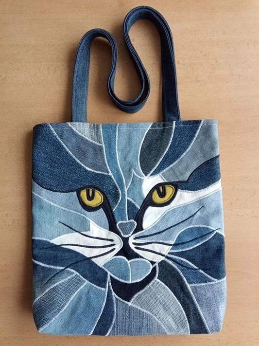 Cat Embroidery Pattern Denim Canvas Bag elevenforest