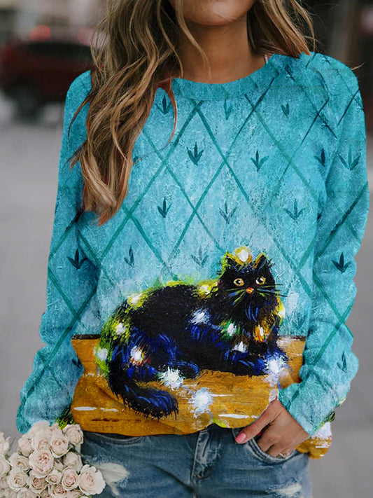 Black Santa Cat In Lights Art Comfy Sweatshirt elevenforest