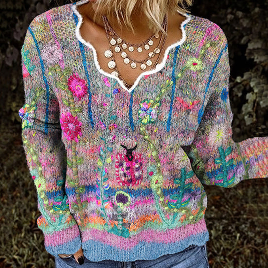 Vintage Floral Print Knitted Cozy Sweater artswardrobe
