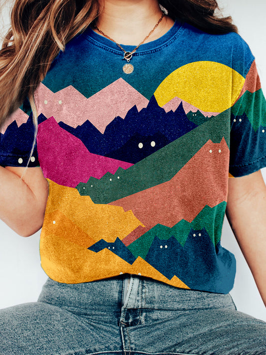 Comstylish Cats And Mountains Art Vintage Washed T Shirt