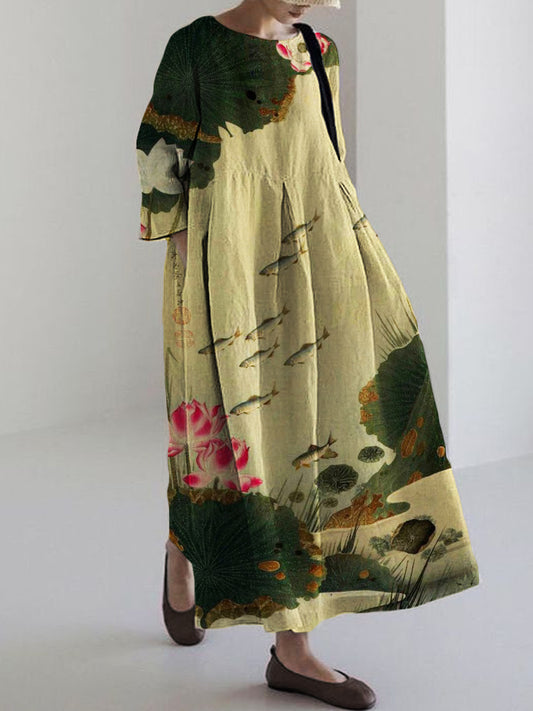 Comstylish Fish & Lotus Pond Japanese Art Linen Blend Maxi Dress