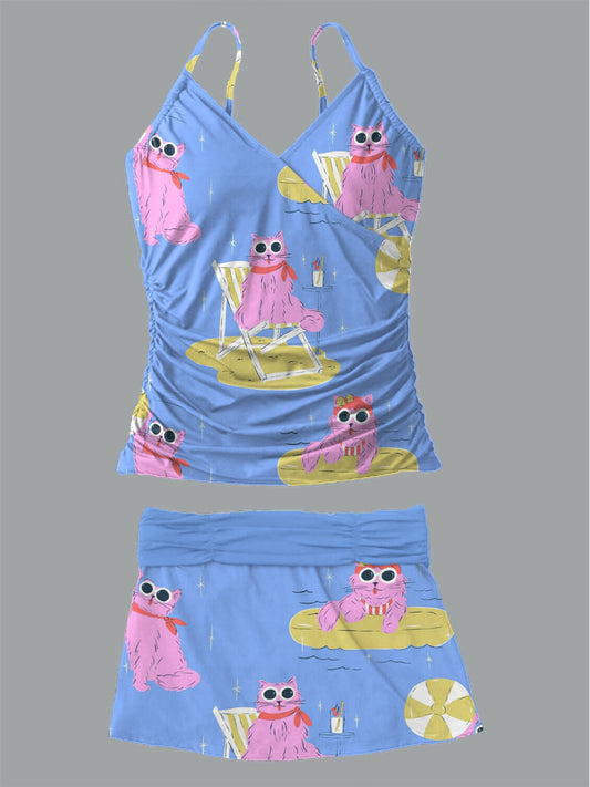 Women's Cute Cat Printed Suspender Shirred Swimsuit Set