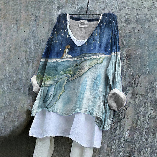 Vintage Fantasy Watercolor Painting Of Girl On Whale's Back Dreamy Art Pattern Linen Blend Tunic artswardrobe
