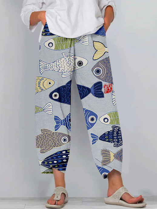 Comstylish Vintage Fish Japanese Art Linen Blend Cropped Casual Pants