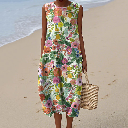 Vintage Floral Elegant Round Neck Dress artswardrobe