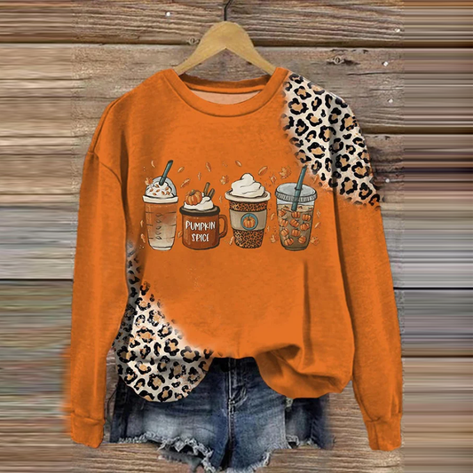 Thanksgiving Autumn Leopard Fall Pumpkin Spice Coffee Printed Women's Sweatshirt artswardrobe