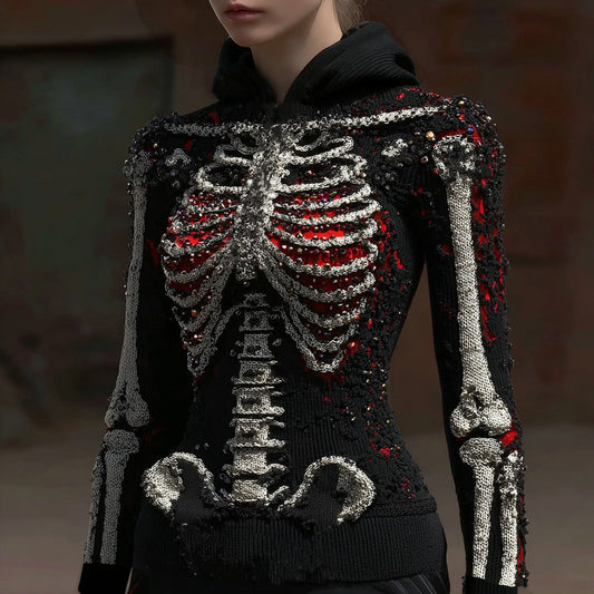 Women's Vintage Halloween Skull Sequin Art Knitted Hooded Sweater artswardrobe