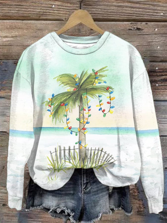 Comstylish Retro Florida Christmas Watercolor Palm Tree Print Sweatshirt
