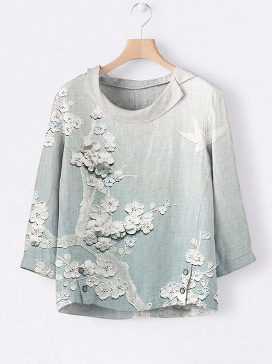 Comstylish Japanese Embossed Floral Linen Lapel Shirt