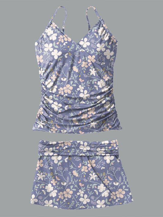 V-Neck Vintage Flowers Print Suspender Skirt Tankini Pantskirt Set Swimsuit