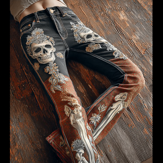 Comstylish Halloween Skeleton Pattern Color-blocking Design Women's Tight Jeans
