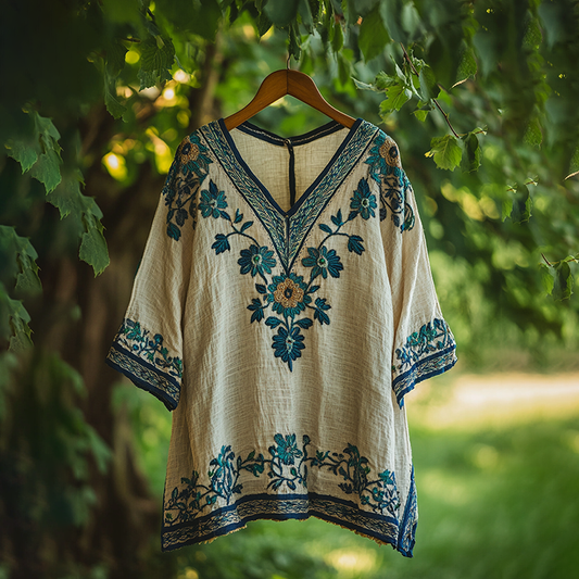 Women's Bohemian Vacation Retro Floral V-neck T-shirt artswardrobe