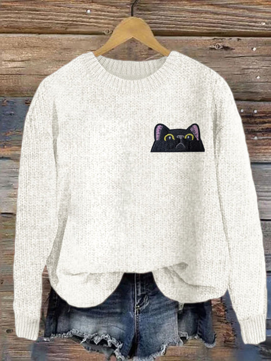 Comstylish Women's Casual Funny Black Cat Print Sweater