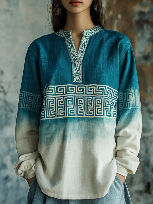 Greek Key Pattern Tie-dye Women's Linen Shirt artswardrobe