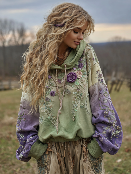 Comstylish Vintage Classy Gradient Purple Lavender And Floral Embroidered Art Linen Long Sleeve Hoodie