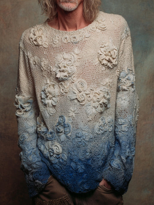 Men's Vintage Floral Crochet Embroidered Gradient Cozy Sweater elevenforest