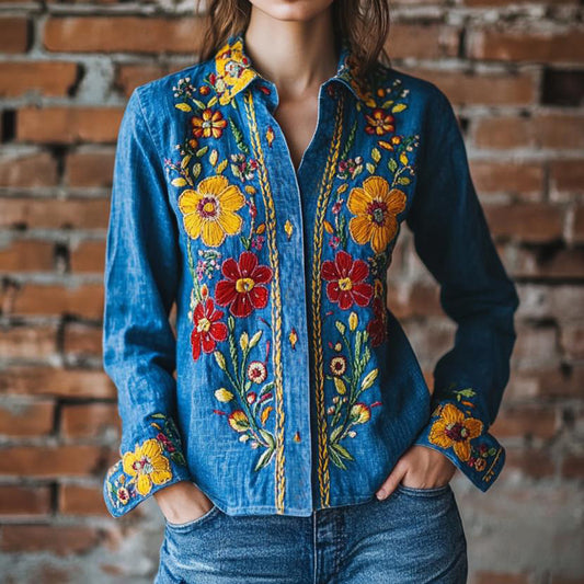 Comstylish Vintage Ukrainian Folk Floral Embroidered Long Sleeve Shirt