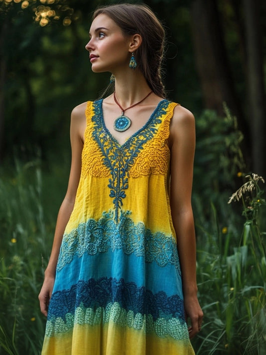 Boho Lace Patchwork V Neck Flowy Linen Maxi Dress artswardrobe