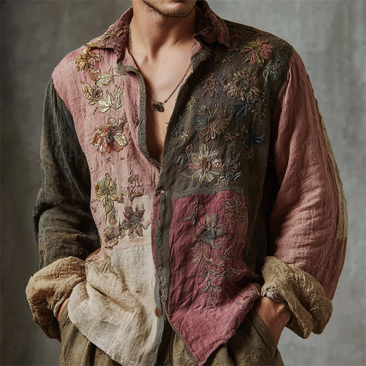 Men's Vintage Boho Floral Embroidered Colorblock Linen Shirt artswardrobe