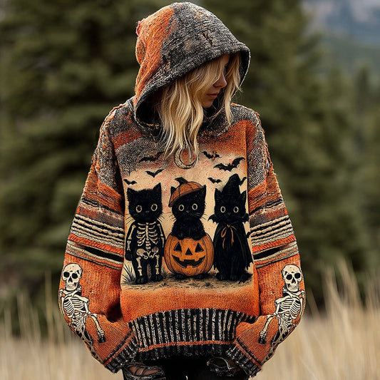 Halloween Funny Black Cat Jacquard Knitted Hooded Sweater elevenforest