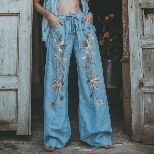 Women's Retro Linen Bohemian Ethnic Flowers Art Long Loose Wide-leg Trouser Pants artswardrobe