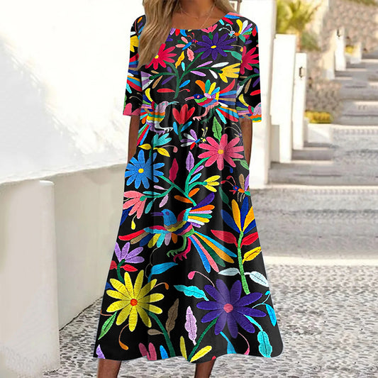 Women's Ethnic Floral And Bird Art Pattern Cotton And Linen Dress artswardrobe