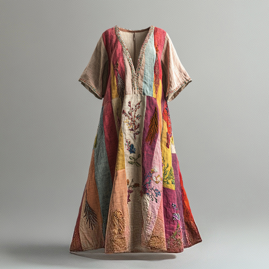 Women's Vintage Rainbow With Floral Patchwork Art Linen V-neck Short Sleeve Dress artswardrobe