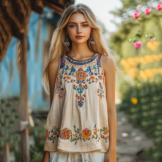 Vintage Floral Embroidery Pattern Women's  Linen Vest artswardrobe