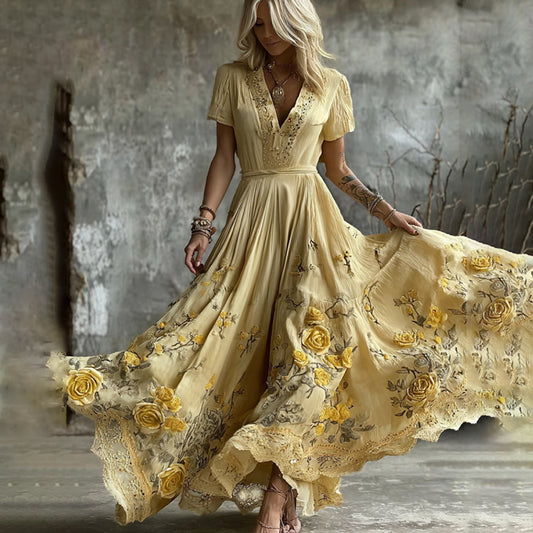 Comstylish Women's Vintage Yellow Roses And Floral Art Print V-neck Maxi Dress