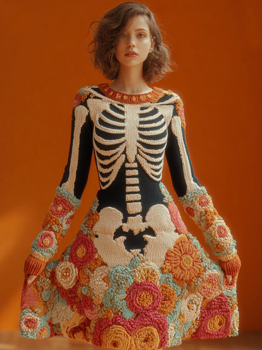 Comstylish Women's Halloween Warm Tone Skull Rose Embroidered Dress