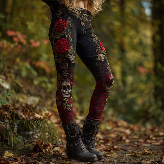 Women's Vintage Skull And Rose Pattern Comfortable Leggings elevenforest