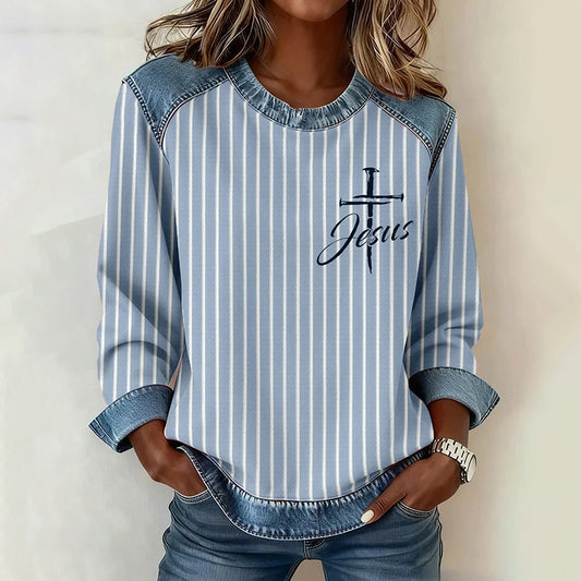 Comstylish Women's Retro Stripes Faith Graphic Crew Neck Casual Sweatshirt