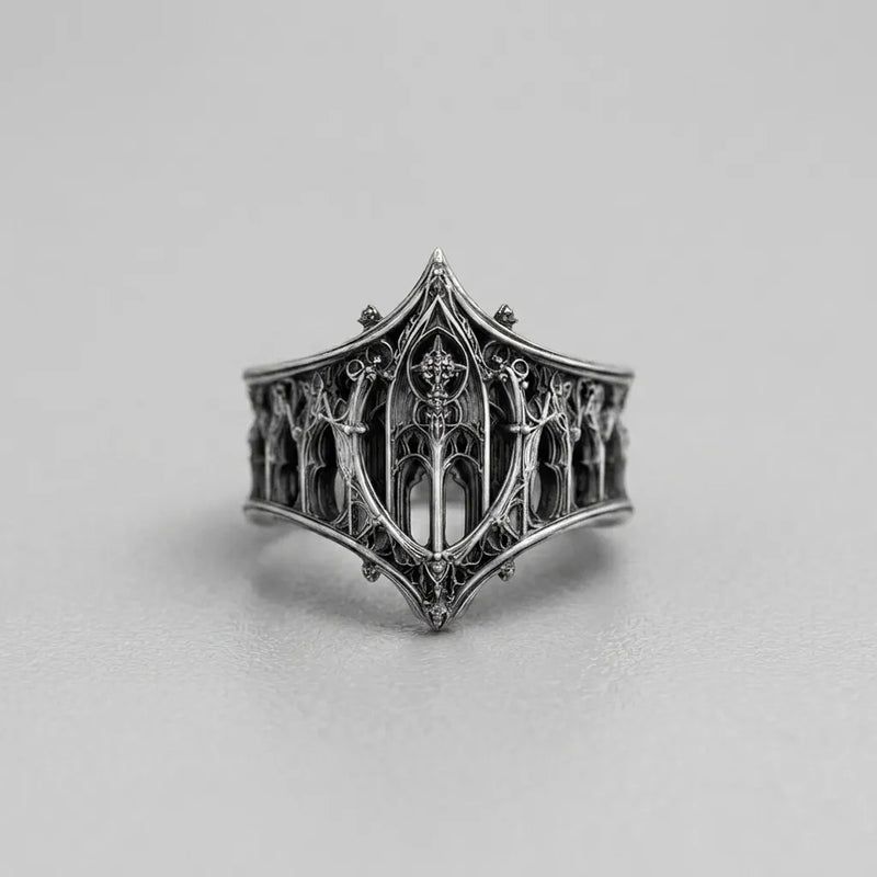 Gothic Arched Filigree Oxidised Silver Statement Ring