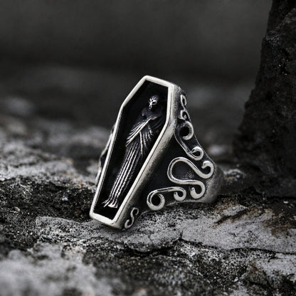 Coffin Ring with Skeleton Figure and Scroll Filigree