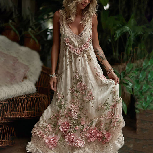Vintage Rose And Floral Embroidered Linen Sleeveless Midi Dress artswardrobe
