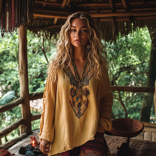 Boho Floral Embroidery Print Cotton And Linen Blend Loose Blouse artswardrobe