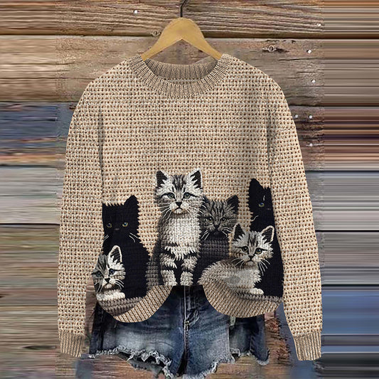 Comstylish Women's Vintage Cute Cat Art Cozy Crew Neck Sweater